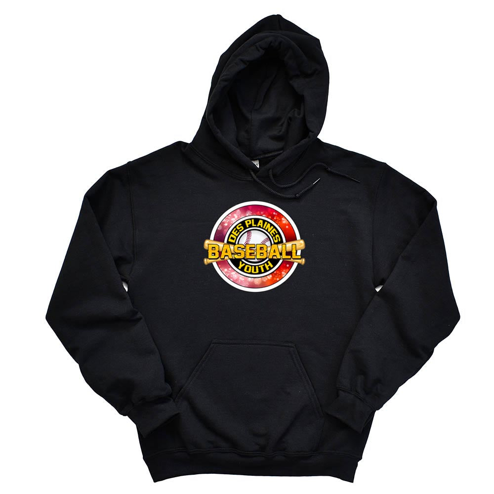 DES PLAINES BASEBALL RED HOODIE ~ DES PLAINES BASEBALL ~ gildan dryblend ~ adult unisex fit