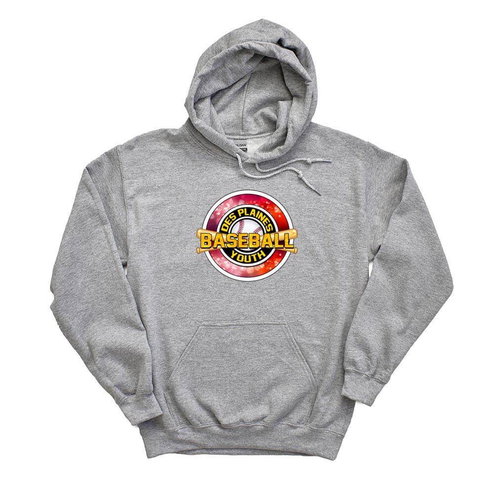 DES PLAINES BASEBALL RED HOODIE ~ DES PLAINES BASEBALL ~ gildan dryblend ~ adult unisex fit