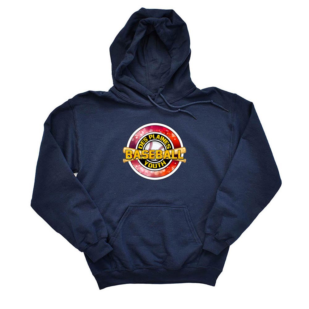 DES PLAINES BASEBALL RED HOODIE ~ DES PLAINES BASEBALL ~ gildan dryblend ~ adult unisex fit