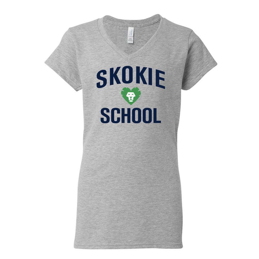 Skokie Lion Heart ~ Women's Softstyle V-Neck T-Shirt ~ Skokie School
