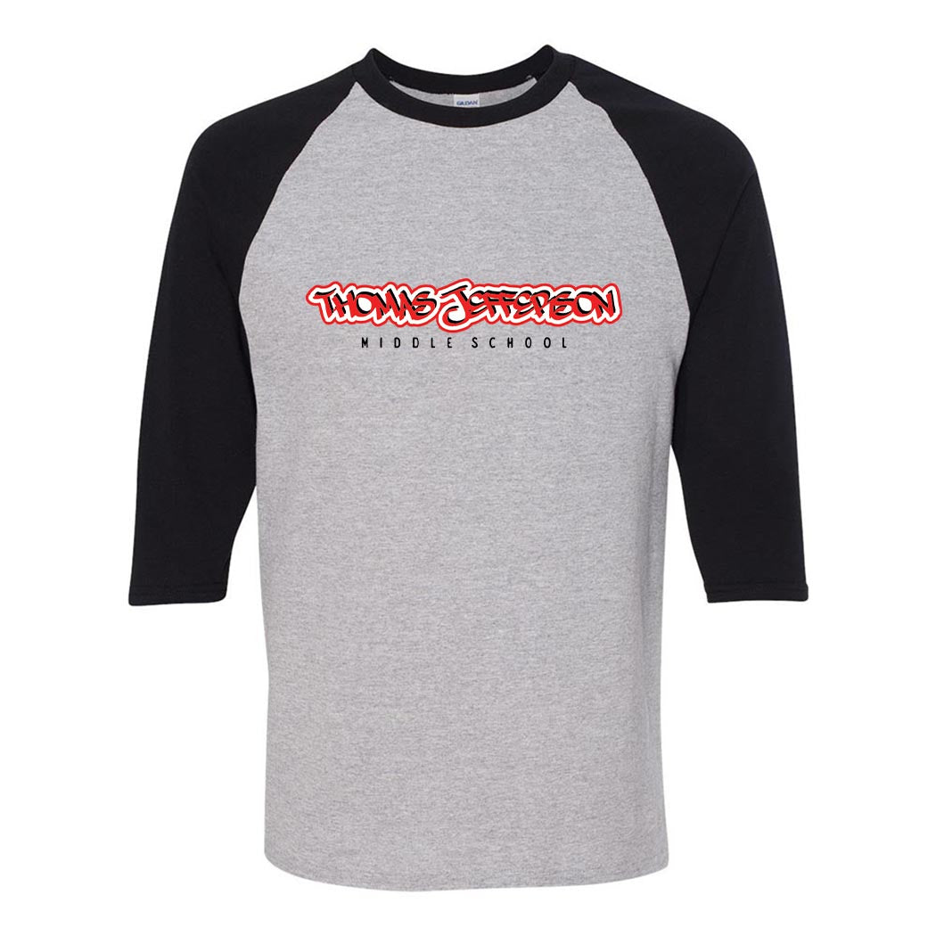 Graffiti Script ~ Heavy Cotton 3/4 Baseball T-Shirt ~ Thomas Jefferson Middle School