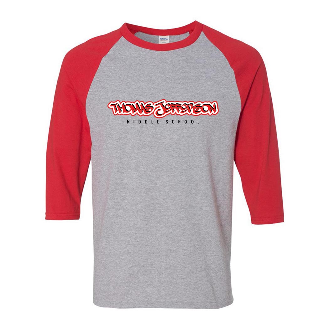 Graffiti Script ~ Heavy Cotton 3/4 Baseball T-Shirt ~ Thomas Jefferson Middle School