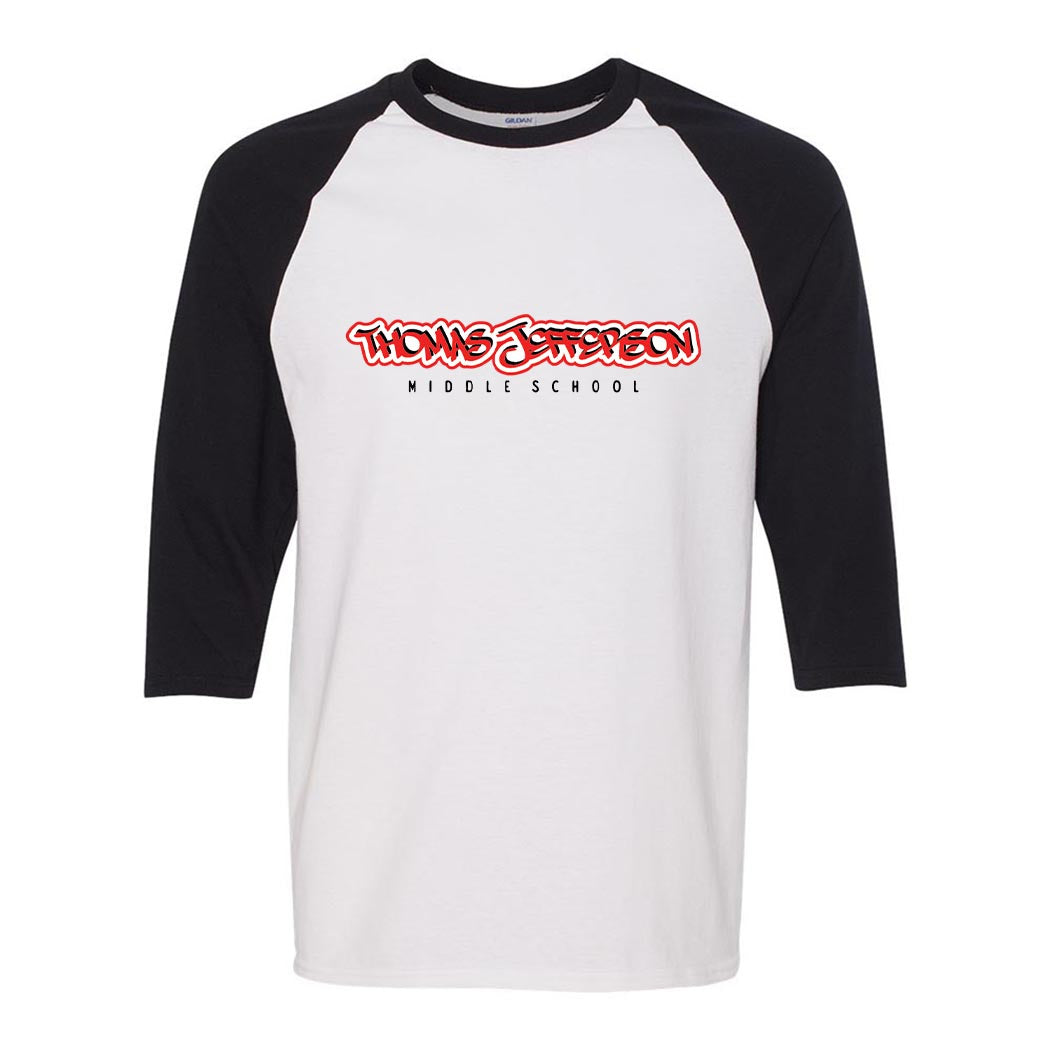 Graffiti Script ~ Heavy Cotton 3/4 Baseball T-Shirt ~ Thomas Jefferson Middle School