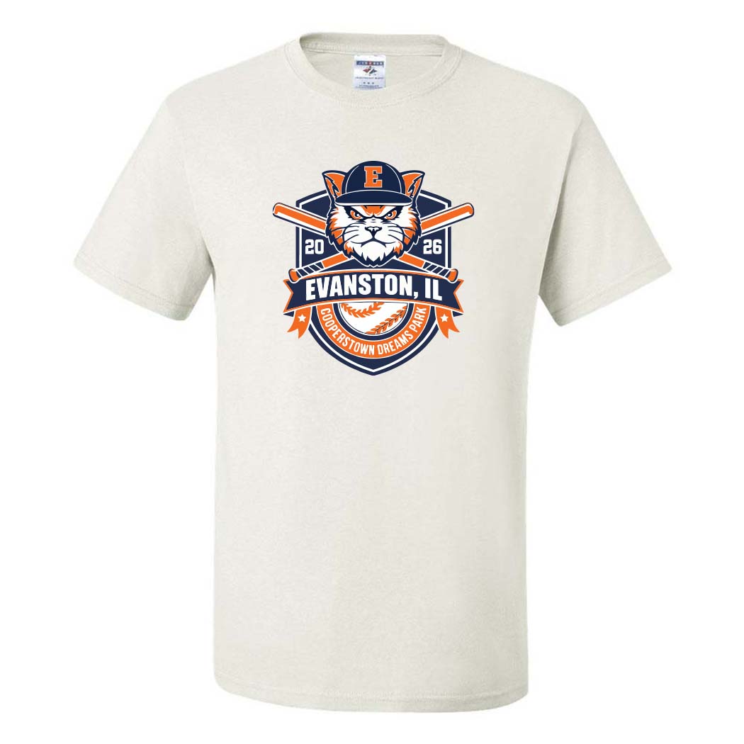 Cooperstown 2026 ~ 50/50 T-Shirt ~ Evanston Baseball-white