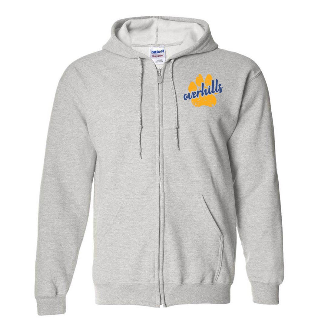 Paw Script Overhills ~ Zip Hoodie ~ Overhills Elementary School-ash