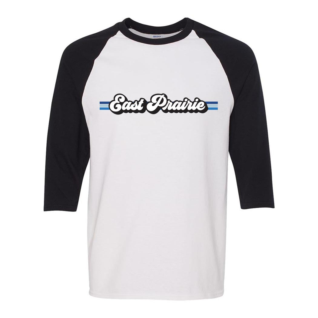 Retro Script Stripes East Prairie ~ Cotton Baseball T-Shirt ~ East Prairie School-white black