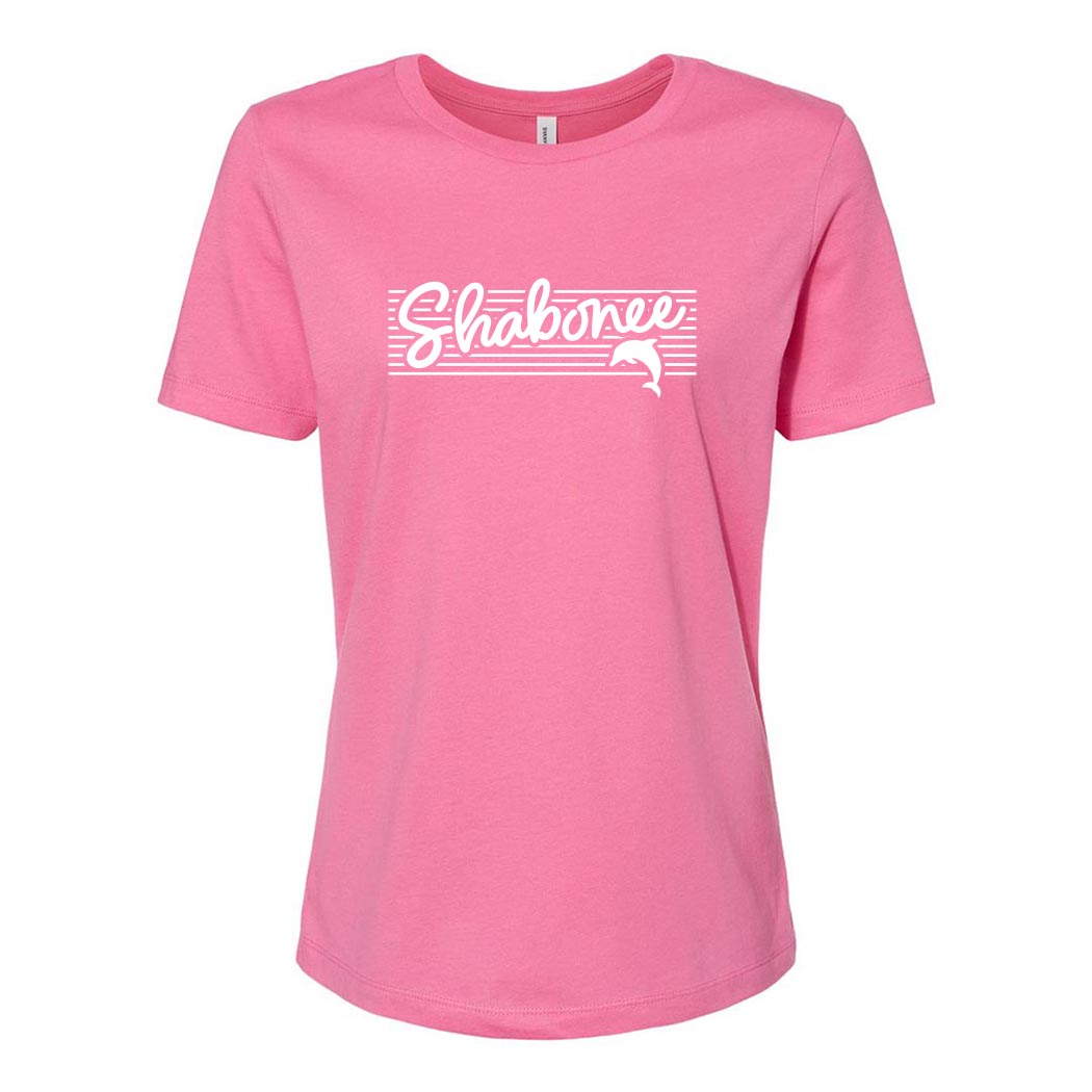 Script Stripes ~ Women's Relaxed Jersey T-Shirt ~ Shabonee Elementary School Staff-charity pink