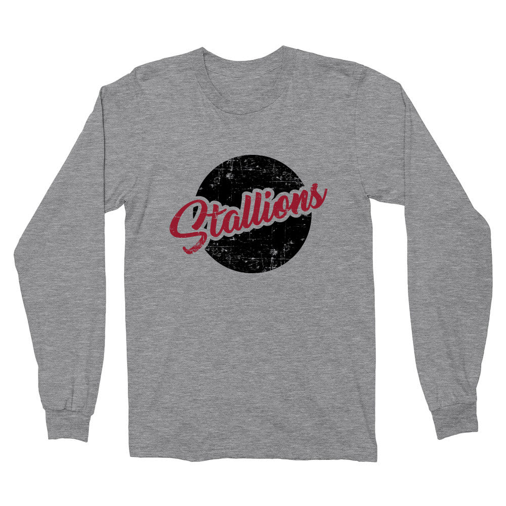 Stallions Distressed Script ~ Cotton Long Sleeve T-Shirt ~ Nettelhorst School-sport grey