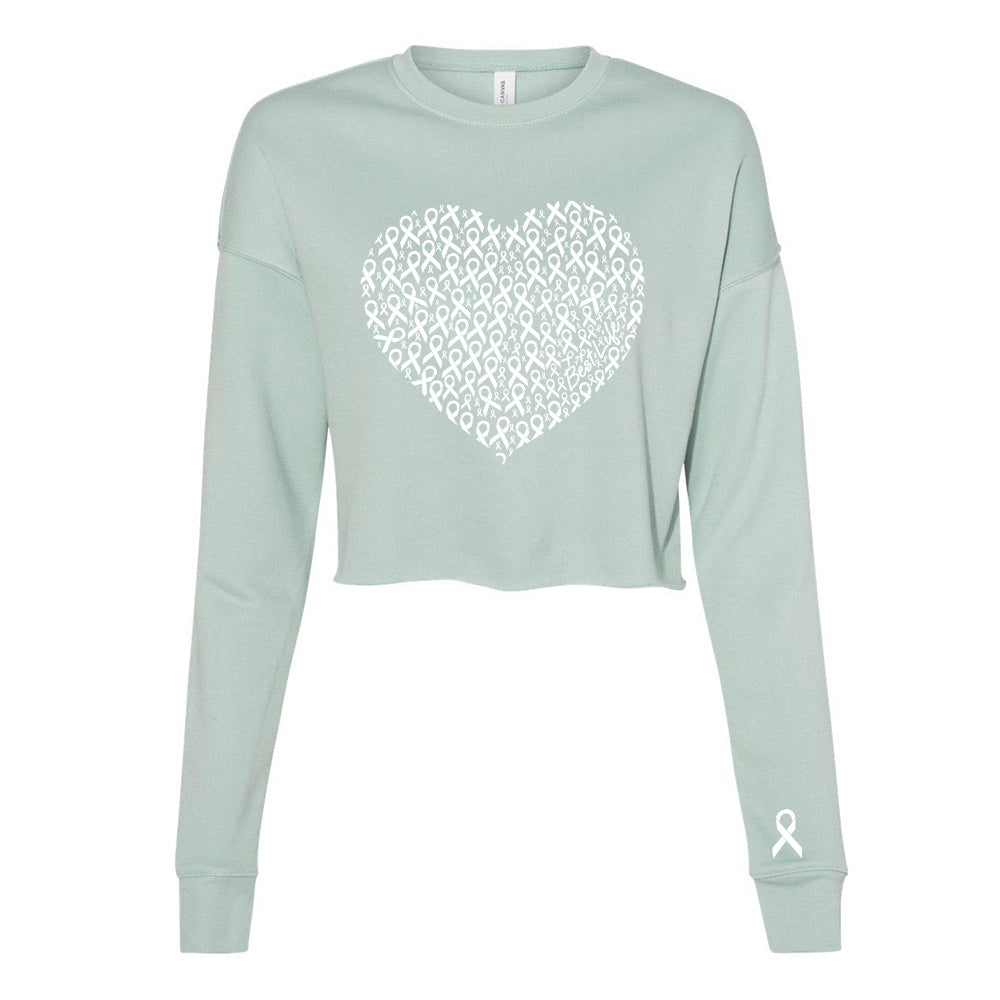 HEART OF WHITE RIBBONS CROP CREW FLEECE ~ BEST LIFE ~ women's ~ classic fit
