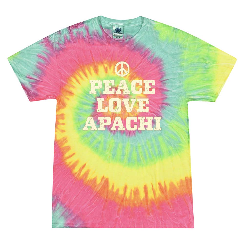 PEACE LOVE APACHI TIE DYE TEE ~ APACHI DAY CAMP ~ adult ~ classic unisex fit