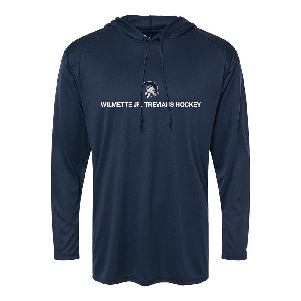 MASCOT TEXT LONG SLEEVE HOODED PERFORMANCE TEE ~ WILMETTE JR. TREVIANS HOCKEY ~ youth & adult ~ classic fit