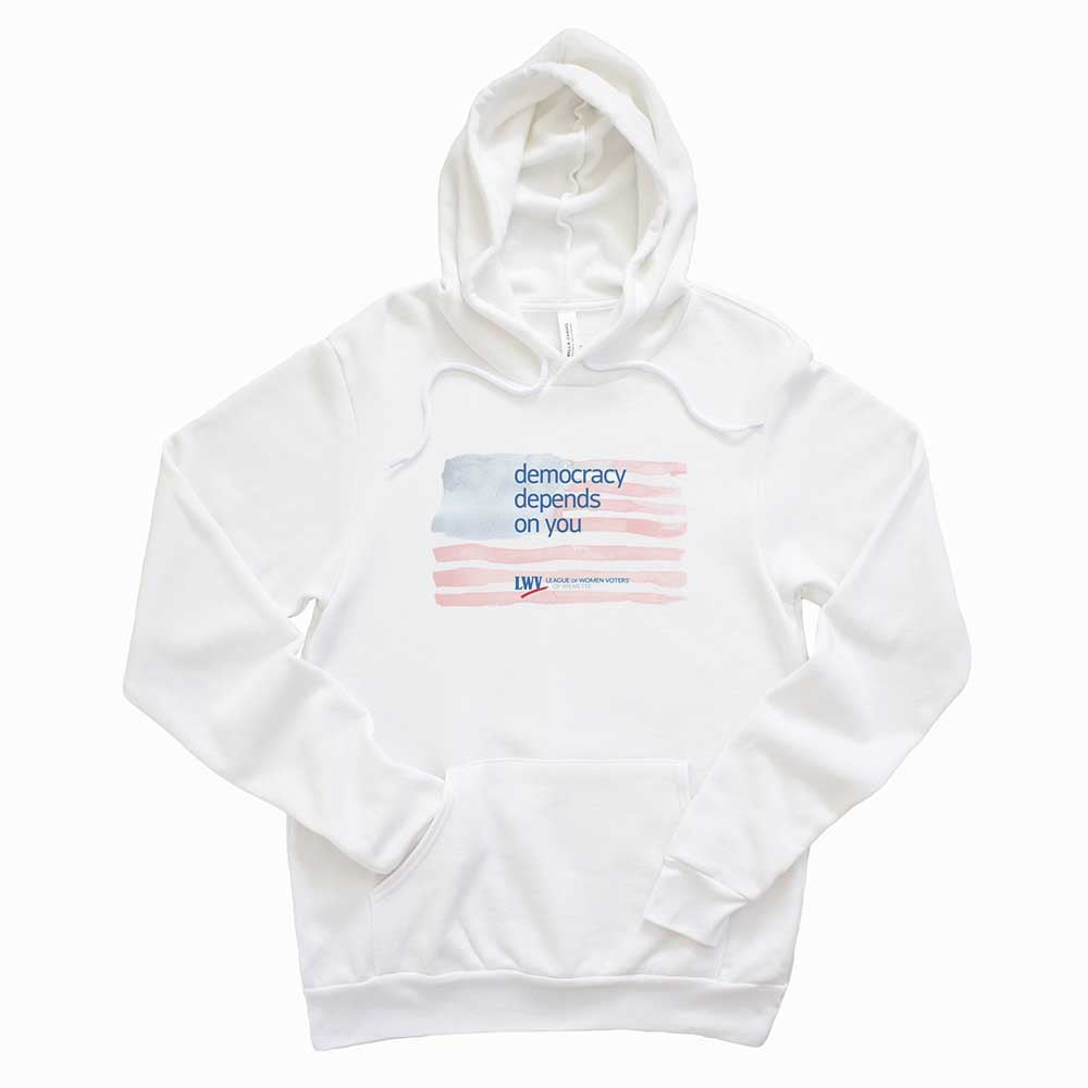 FLAG DEMOCRACY DEPENDS ON YOU HOODIE ~ LWV OF WILMETTE ~ adult ~ classic unisex fit