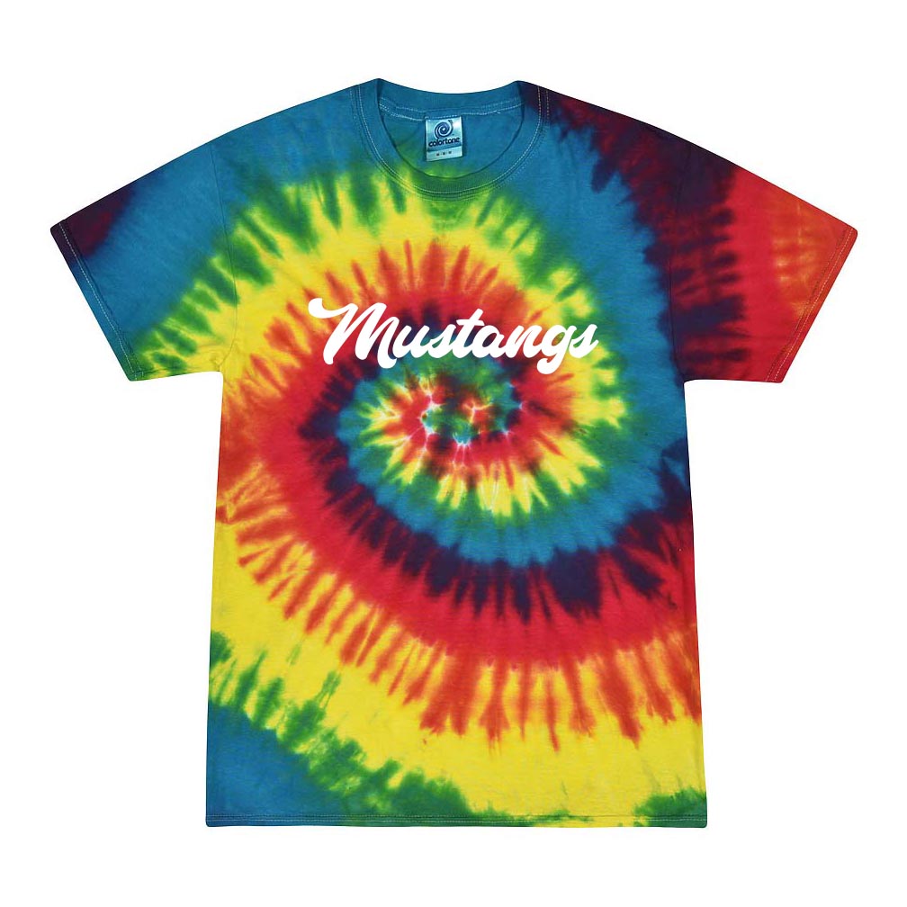 MUSTANGS SCRIPT TIE DYE COTTON TEE ~ MERIDIAN SCHOOL ~ adult ~ classic unisex fit