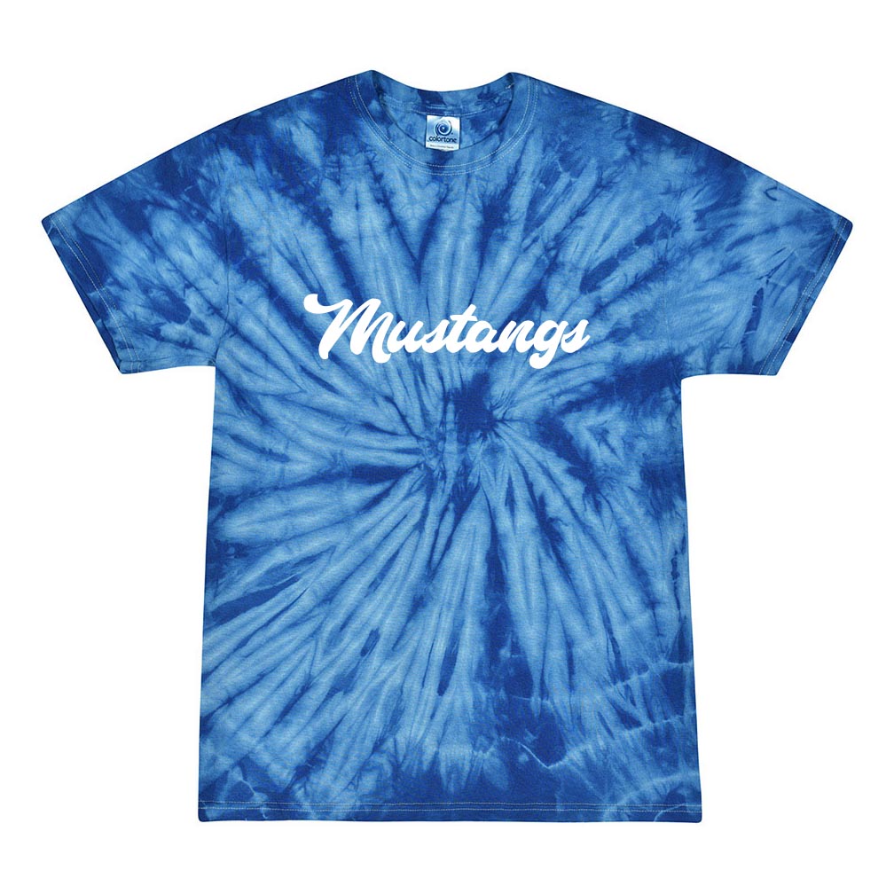 MUSTANGS SCRIPT TIE DYE COTTON TEE ~ MERIDIAN SCHOOL ~ adult ~ classic unisex fit