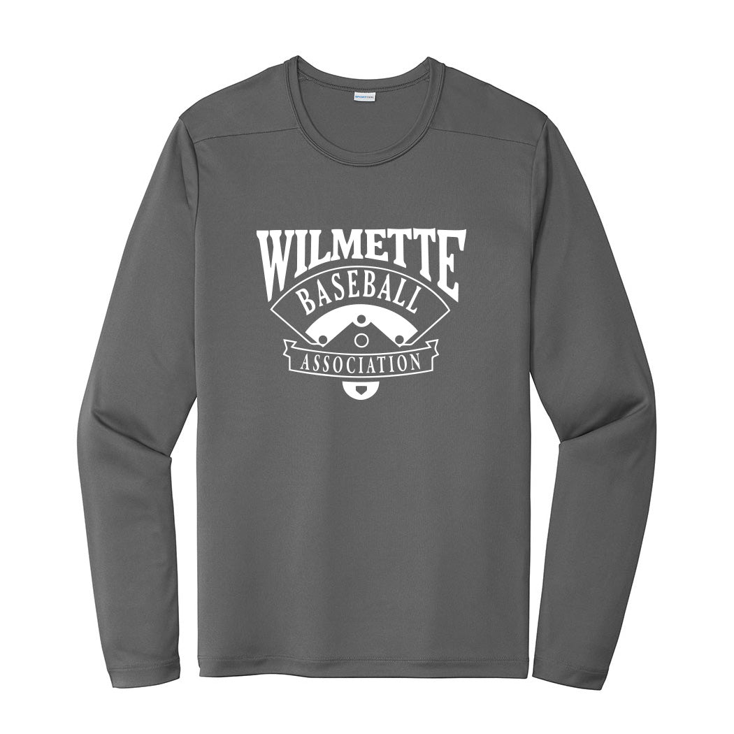 WBA Logo ~ Long Sleeve Performance T-Shirt ~ Wilmette Baseball Association-dark smoke grey