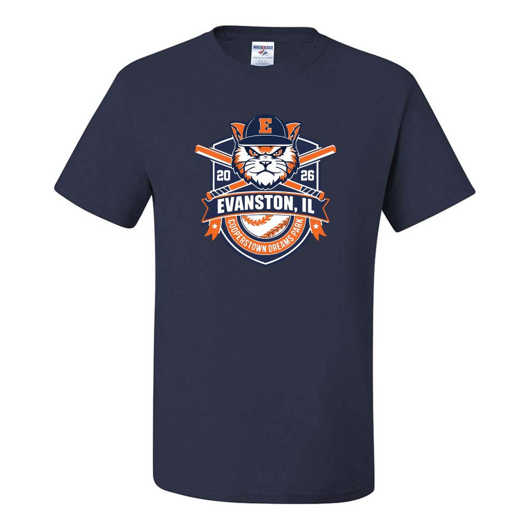 Cooperstown 2026 ~ 50/50 T-Shirt ~ Evanston Baseball-navy