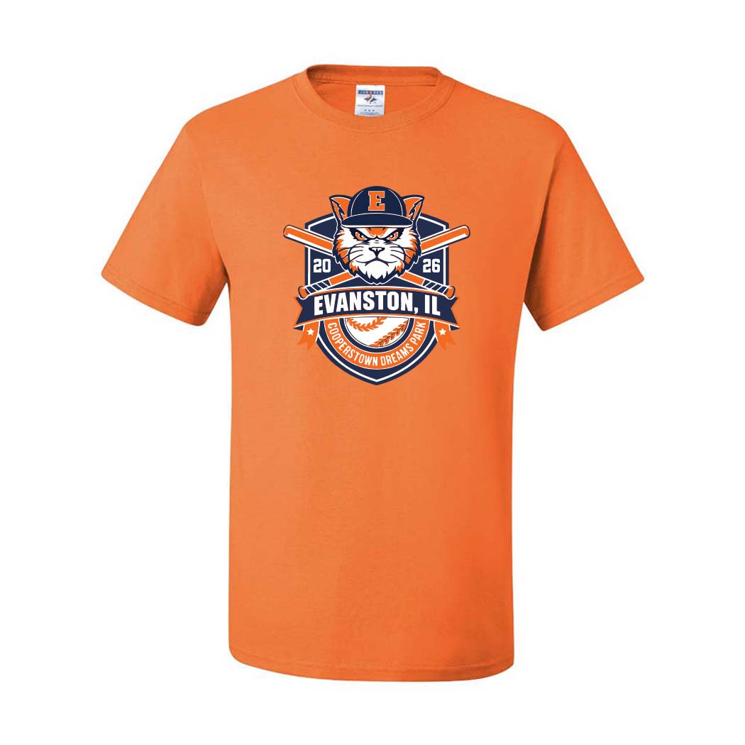 Cooperstown 2026 ~ 50/50 T-Shirt ~ Evanston Baseball-safety orange