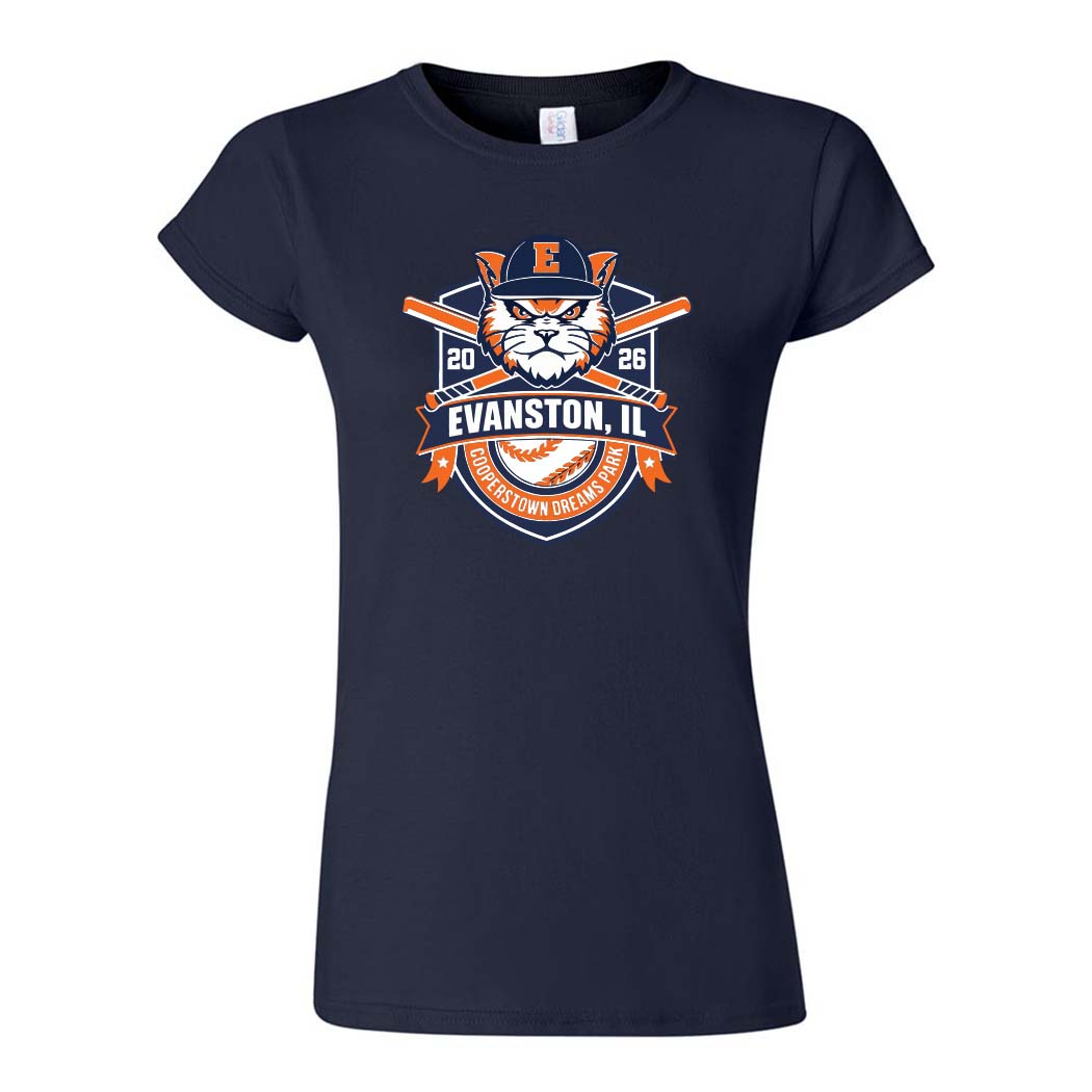 Cooperstown 2026 ~ Women's Cotton T-Shirt ~ Evanston Baseball-navy