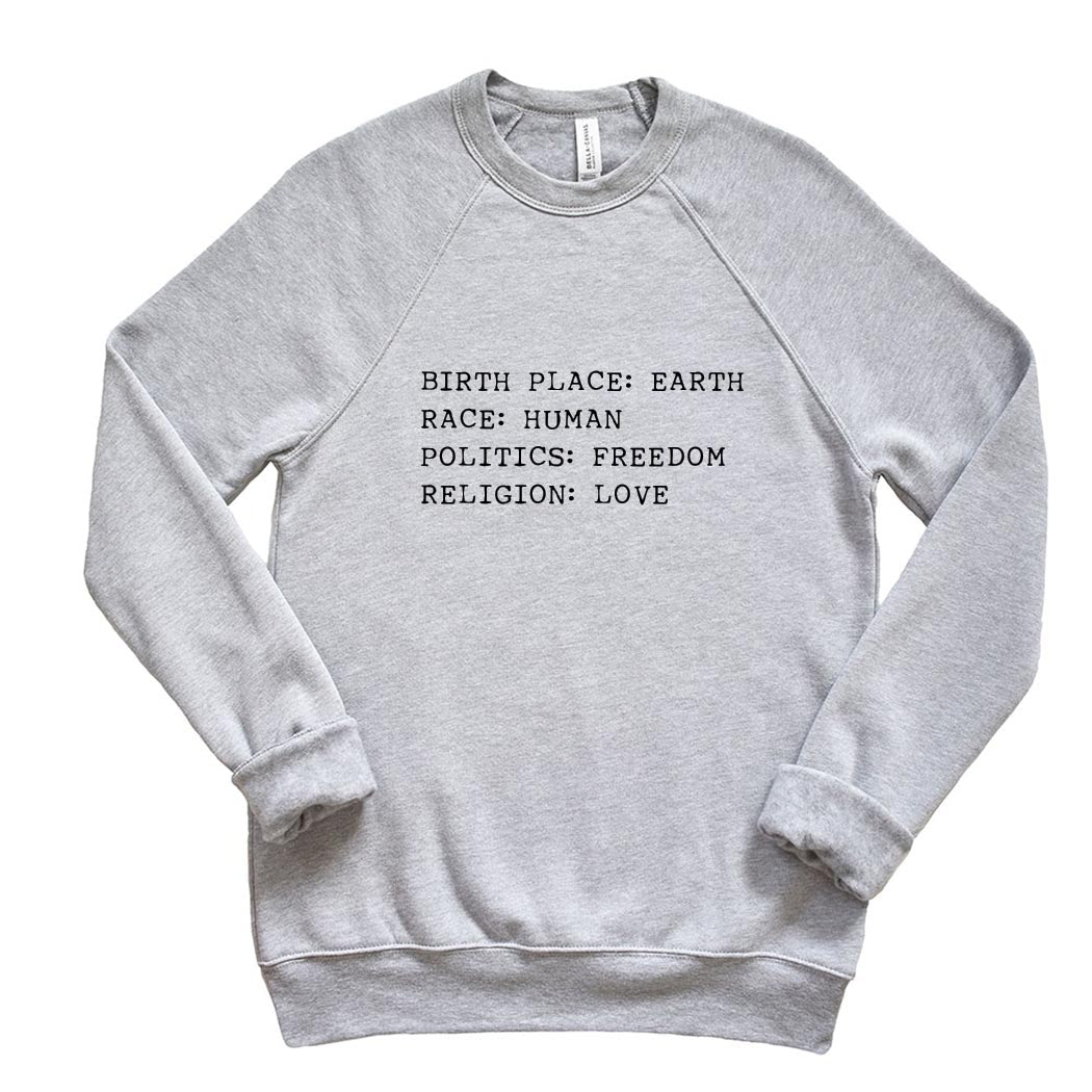 Birthplace: Earth ~ Raglan Sponge Fleece Crewneck Sweatshirt ~ humanKIND