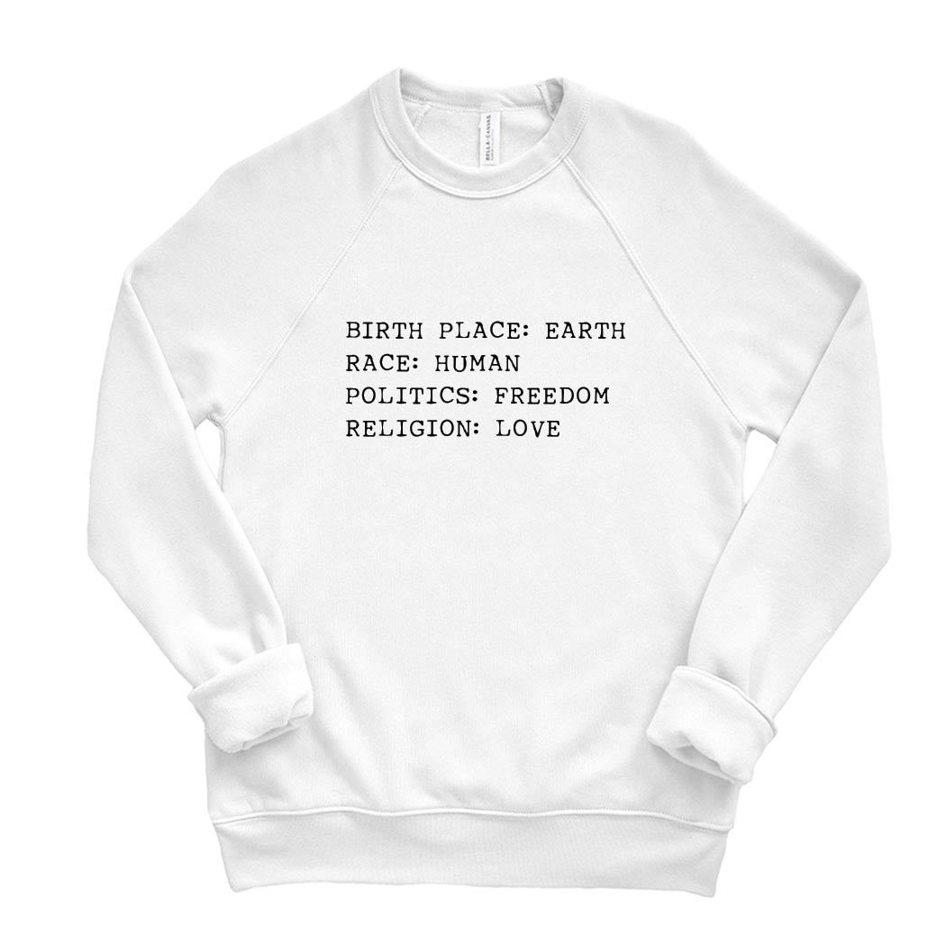 Birthplace: Earth ~ Raglan Sponge Fleece Crewneck Sweatshirt ~ humanKIND