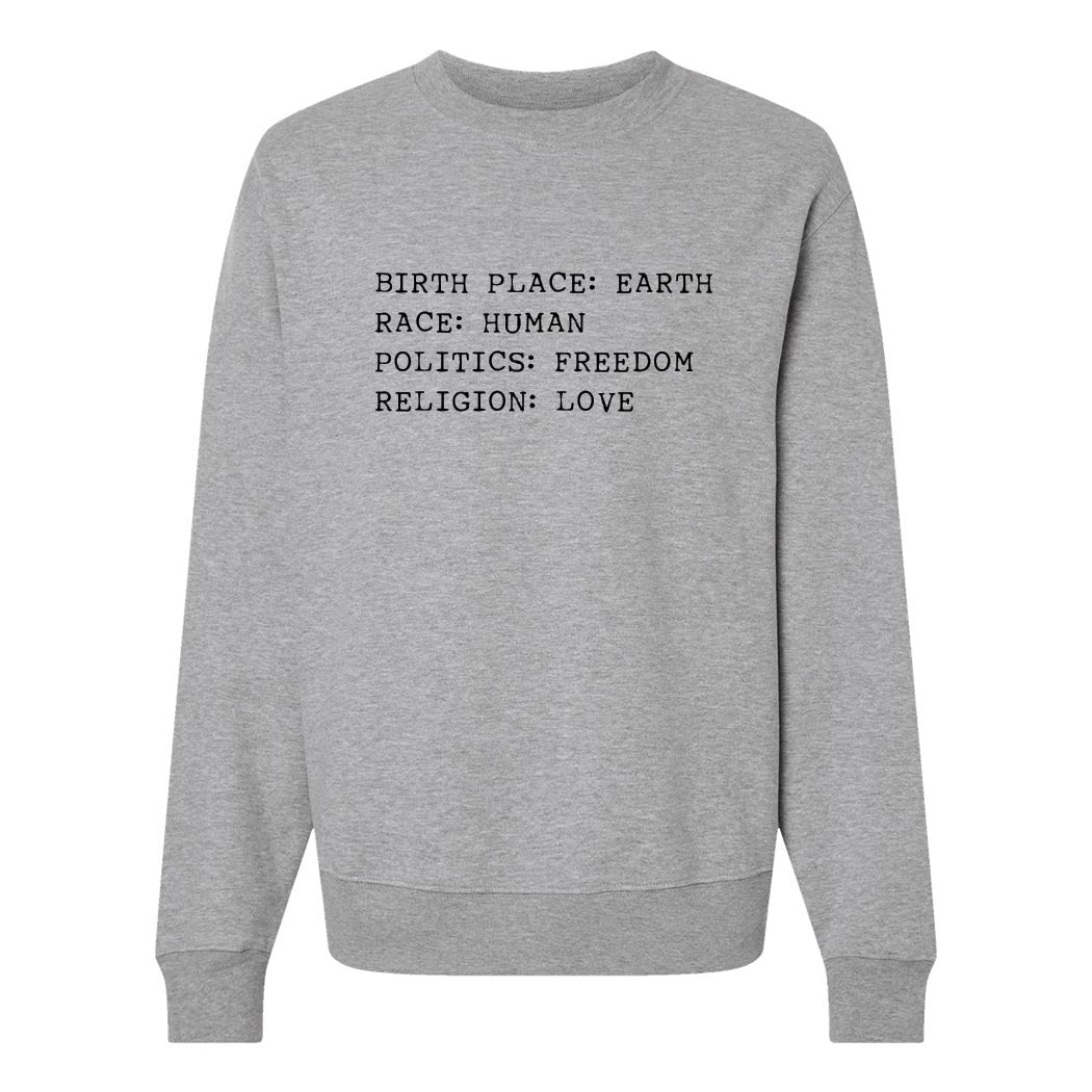 Birthplace: Earth ~ Heavyweight Crewneck Sweatshirt ~ humanKIND