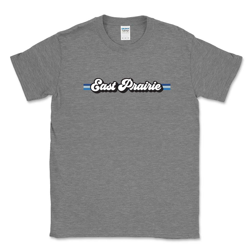 Retro Script Stripes East Prairie ~ Cotton T-Shirt ~ East Prairie School-graphite heather