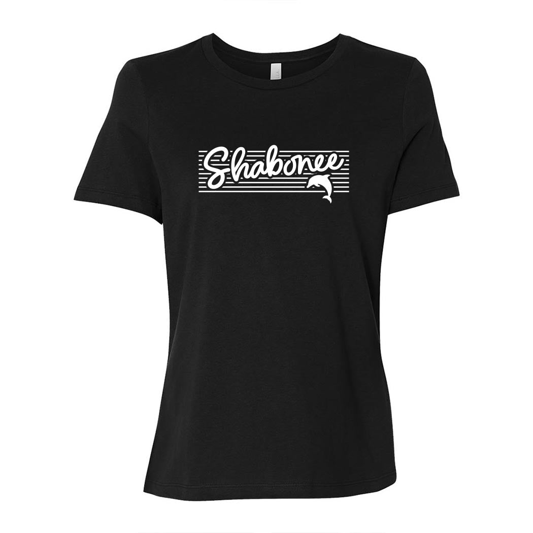Script Stripes ~ Women's Relaxed Jersey T-Shirt ~ Shabonee Elementary School Staff-black