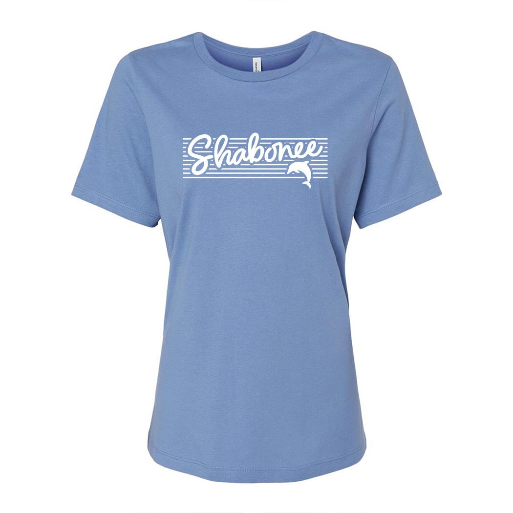 Script Stripes ~ Women's Relaxed Jersey T-Shirt ~ Shabonee Elementary School Staff-carolina blue