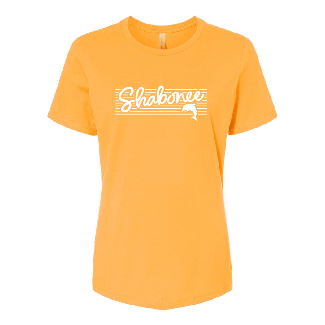 Script Stripes ~ Women's Relaxed Jersey T-Shirt ~ Shabonee Elementary School Staff-gold