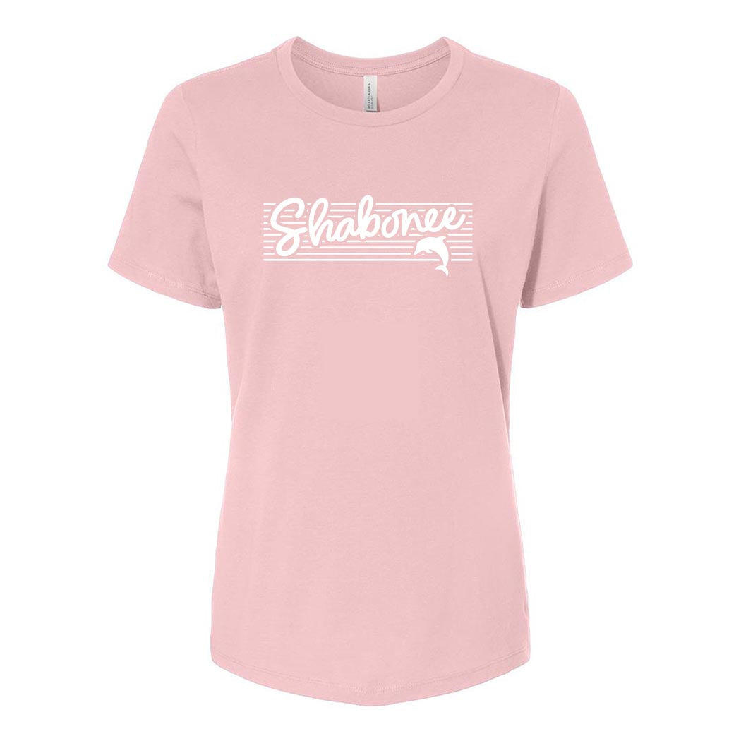 Script Stripes ~ Women's Relaxed Jersey T-Shirt ~ Shabonee Elementary School Staff-pink