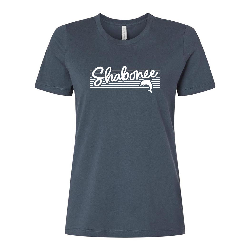 Script Stripes ~ Women's Relaxed Jersey T-Shirt ~ Shabonee Elementary School Staff-vintage navy