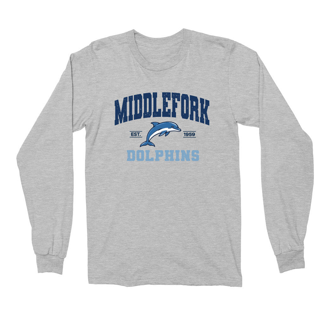 Varsity Dolphins Middlefork ~ Cotton Long Sleeve T-Shirt ~ Middlefork Elementary School