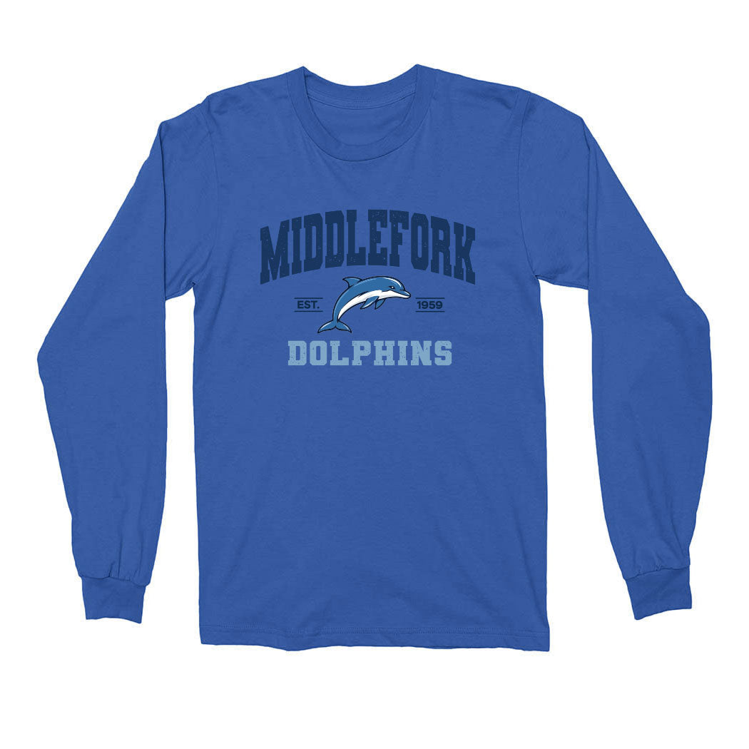 Varsity Dolphins Middlefork ~ Cotton Long Sleeve T-Shirt ~ Middlefork Elementary School-royal