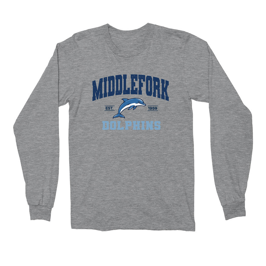 Varsity Dolphins Middlefork ~ Cotton Long Sleeve T-Shirt ~ Middlefork Elementary School